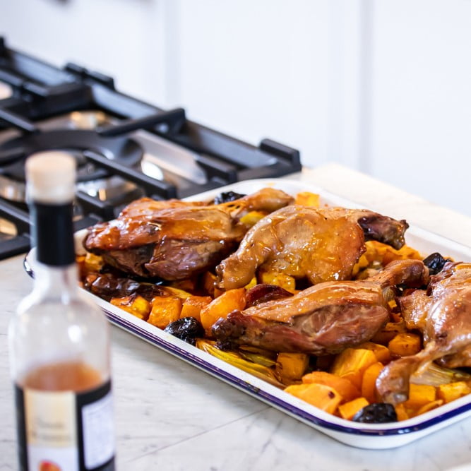 Apricot and honey glazed confit duck with Moroccan-spiced squash